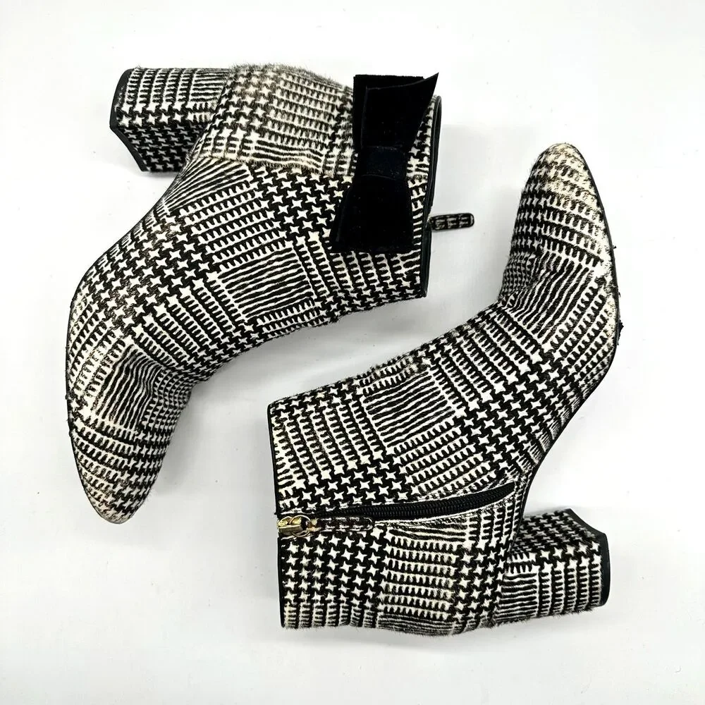 Kate Spade Holly Houndstooth Bow Fur Boots Size 11 Women's Ankle Heeled Booties